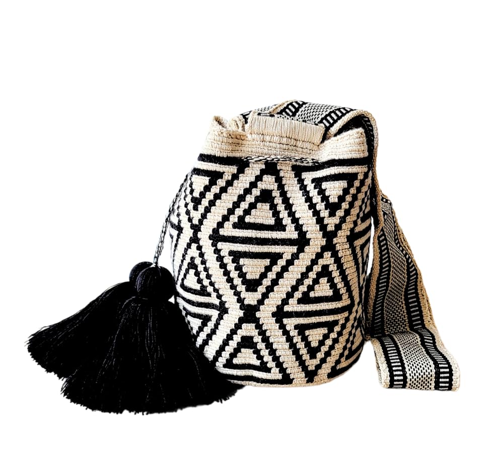 Bolso Wayuu | Bolso de hombro |Negro Blanco GEO M|, blanco