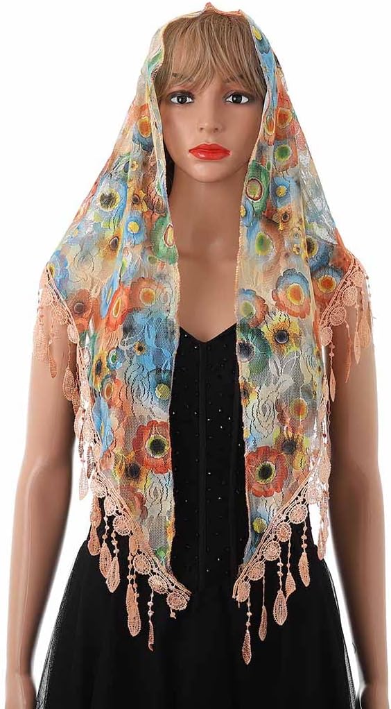 Lace Floral Church Veils Wedding Triangle Tulle Head Covering Tassel Mass Wrap Chapel Mantilla Veil for Women - Image 2