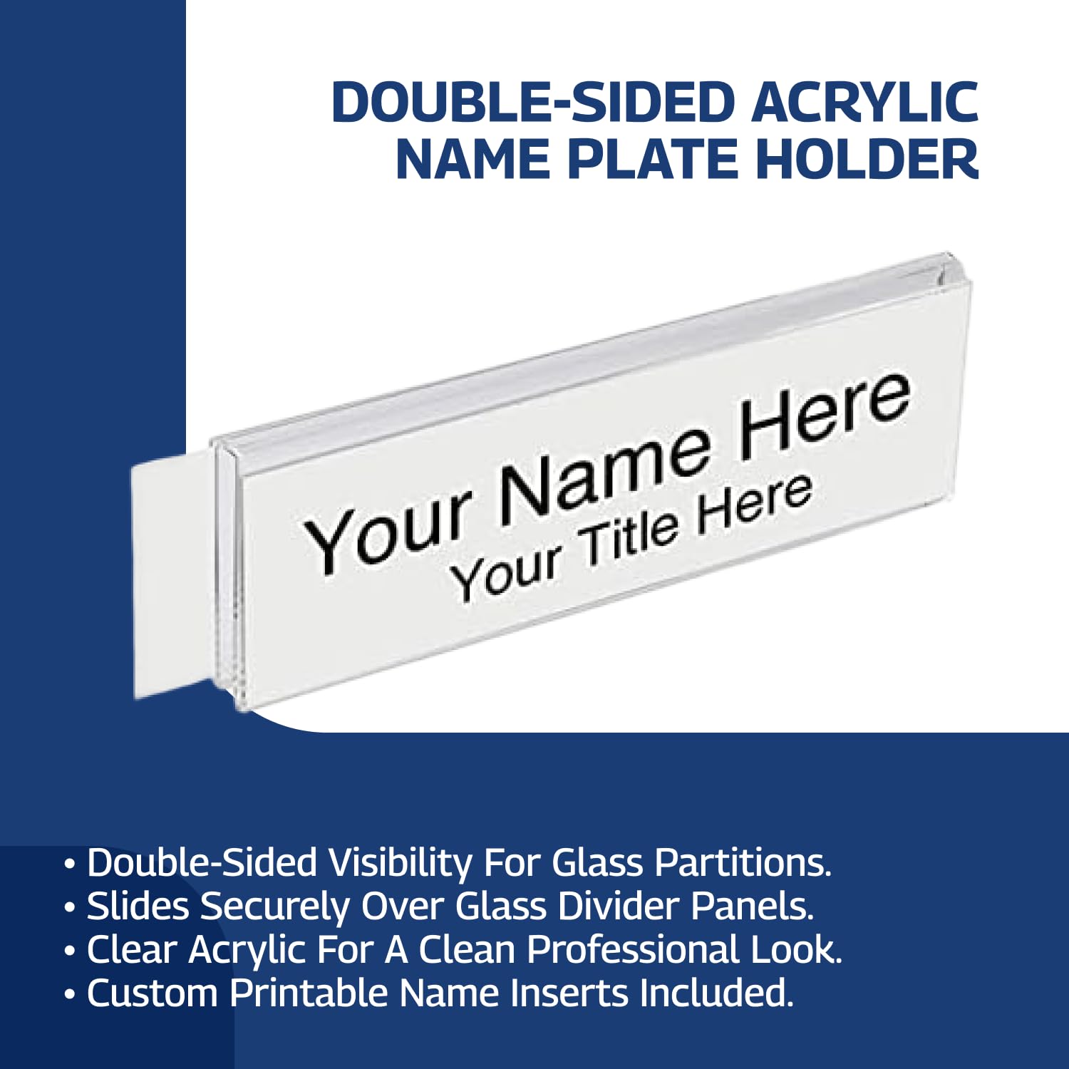 Plastic Products Mfg - Soporte de placa de identificación de acrílico de 8.5 x 2.5 pulgadas para pared de vidrio de 3/4 pulgadas, soporte transparente de doble cara para placa de identificación de