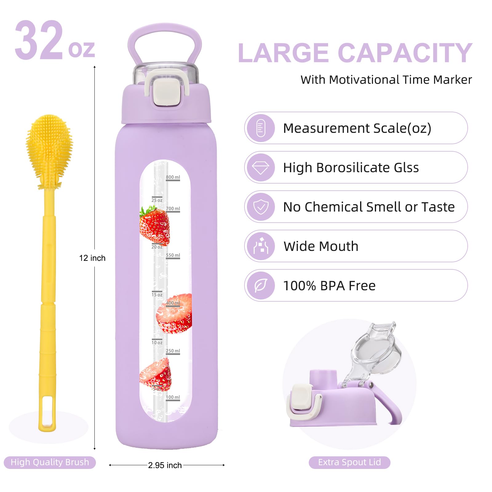 chunmo Bouteille d'eau en verre de 950 ml avec 2 couvercles, couvercle à bec verseur et couvercle à paille, bouteille d'eau motivante en borosilicate de 1 litre avec marqueur de temps et manchon en