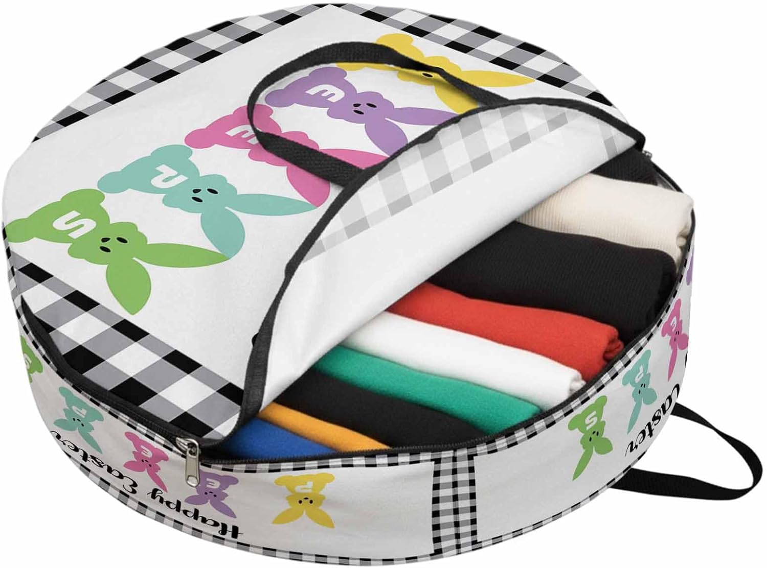 30 Inch Round Storage Bag 1 Pack,Happy Easter Colorful Bunny Peeps Waterproof Wreath Storage Container with Handles&Zipper Black and White Lattice Grid Closet Organizer Bags Garland Box