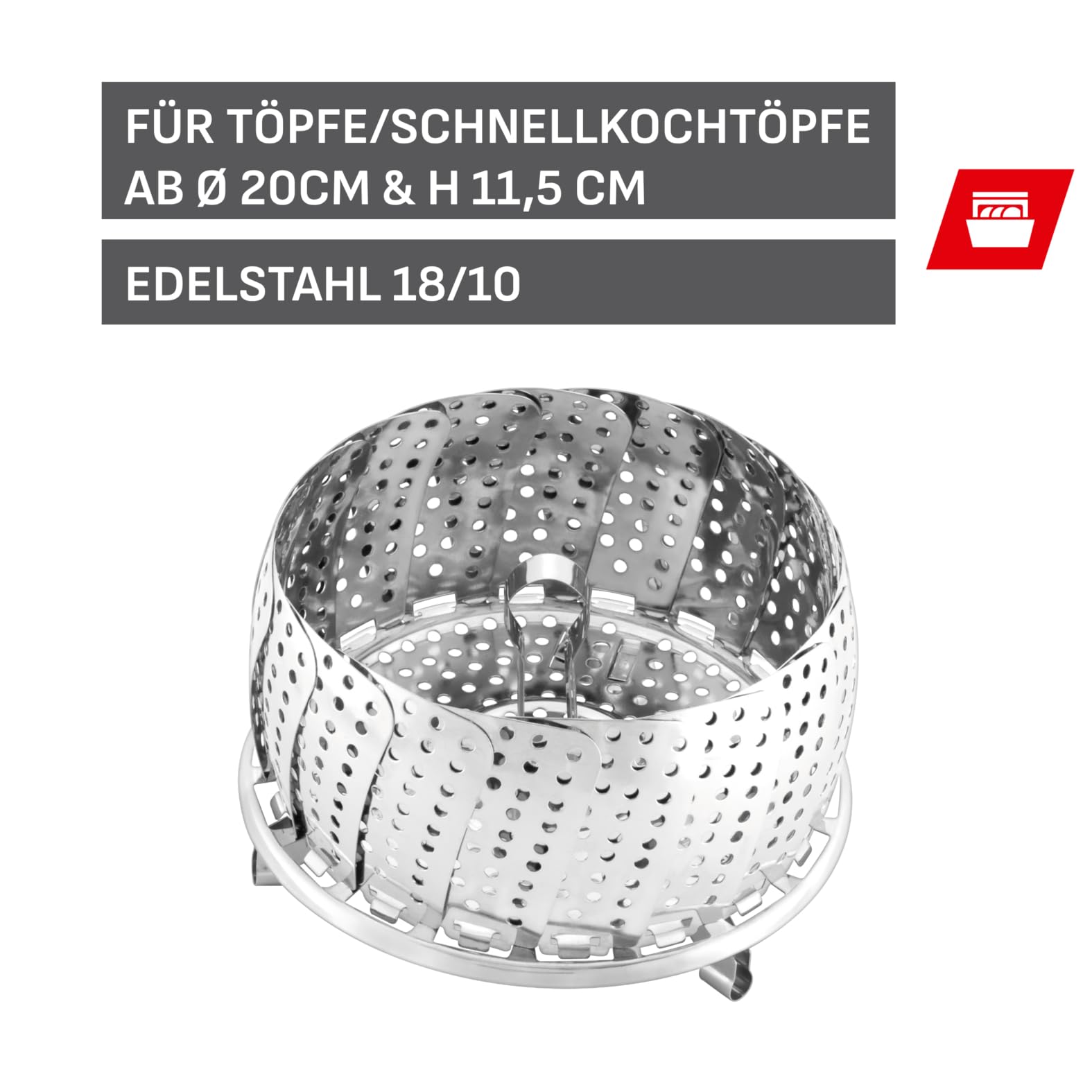 Silit Dampfgarer Einsatz mit Öse 18,5 cm, Garsieb für Töpfe und Schnellkochtöpfe, Dünsteinsatz faltbar, Edelstahl, spülmaschinengeeignet