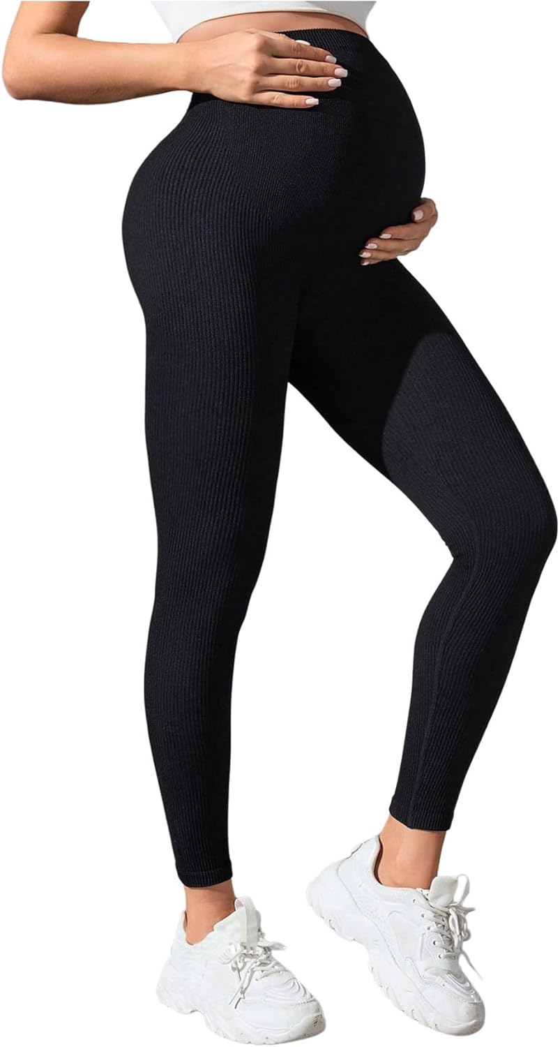 OYOANGLE Women's Maternity High Waisted Ribbed Leggings Over The Belly Pregnancy Yoga Pants