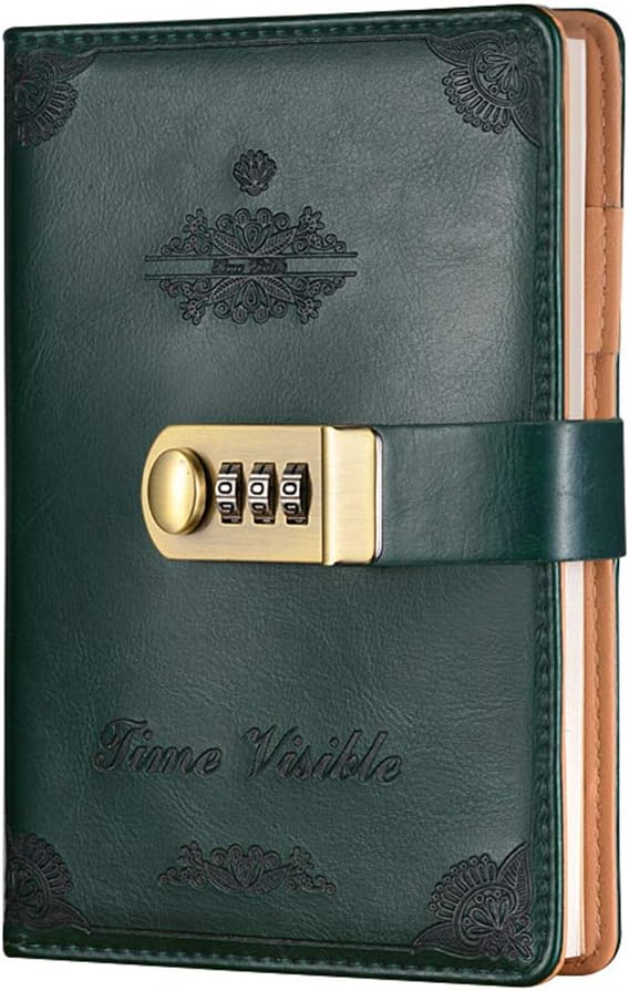 ToiM PU Leather Journal Writing Notebook Fashion Daily Notepad with Combination Lock and Pen Holder, B6 Size Password Diary for Men and Women (without Chinese Writings) (Dark Green)