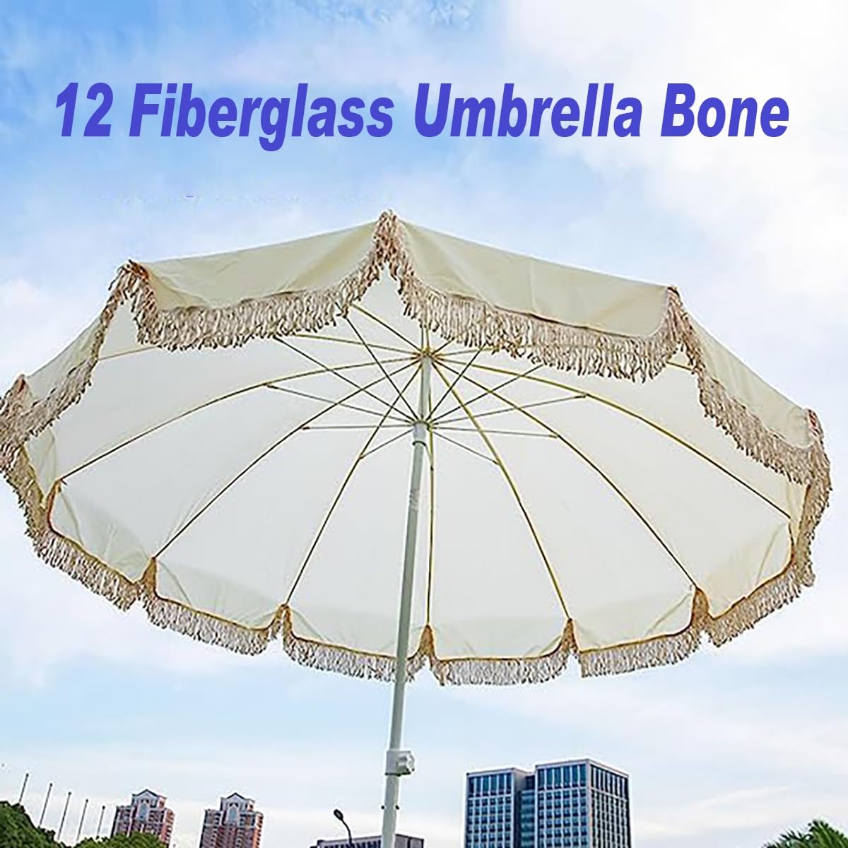 Beżowy parasol z frędzlami, parasole plażowe Boho, parasol ogrodowy Patio z beżowym parasolem z frędzlami, 12 wytrzymałych żeber, do basenu ogrodowego (bez podstawy)