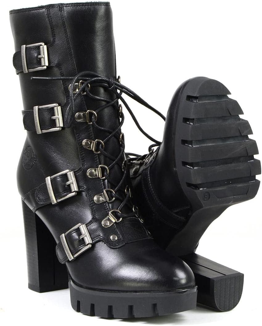 Milwaukee Leather MBL9459 Women's Premium Black Leather Buckles Platform Fashion Boots with Lace-Up Closure - 10