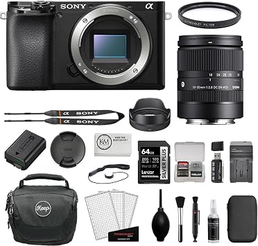 Sony Alpha a6100 Mirrorless Digital Camera Body Bundle with Sigma 18-50mm f/2.8 DC DN Contemporary Lens + 64GB Memory Card + UV Filter + Charger + Camera Bag + Cleaning Kit + Cloth 7 Items