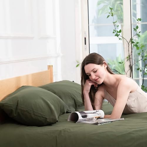 Miniatura 6 de Ecocott Fundas de almohada 100% algodón natural, tamaño estándar, color verde aguacate, paquete de 2 fundas de almohada con cierre de sobre Verde