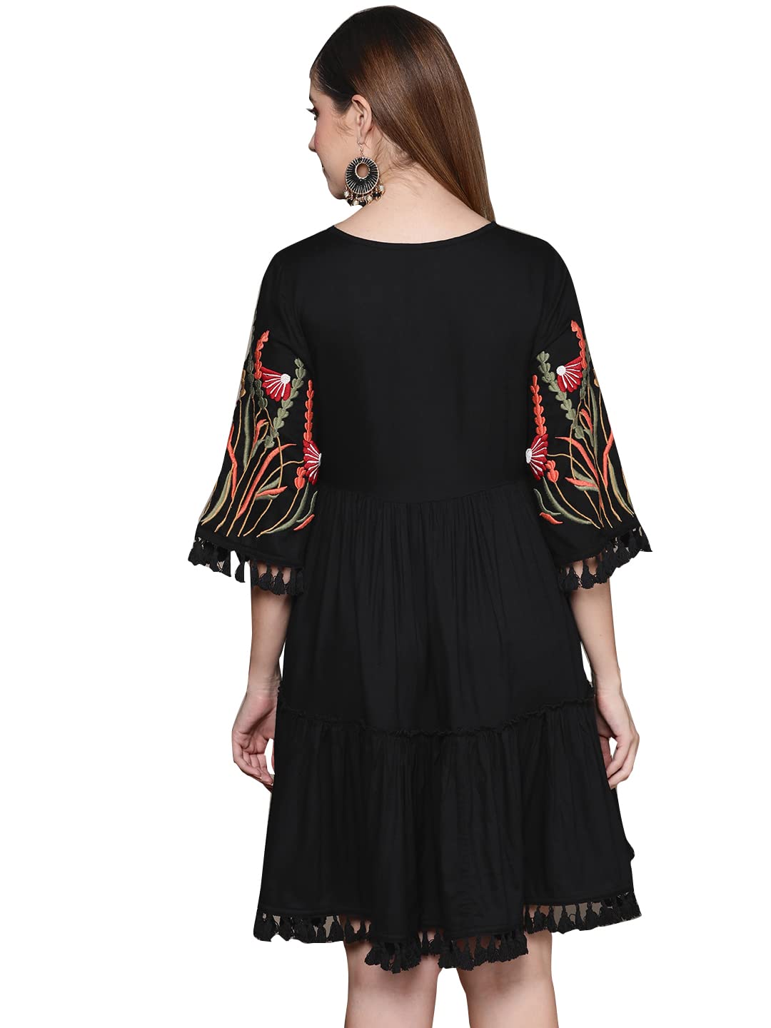 Ishin Women's Knee Length Viscose Rayon Embroidered Floral Black A-Line Dress Topgdw-23008_M_Black