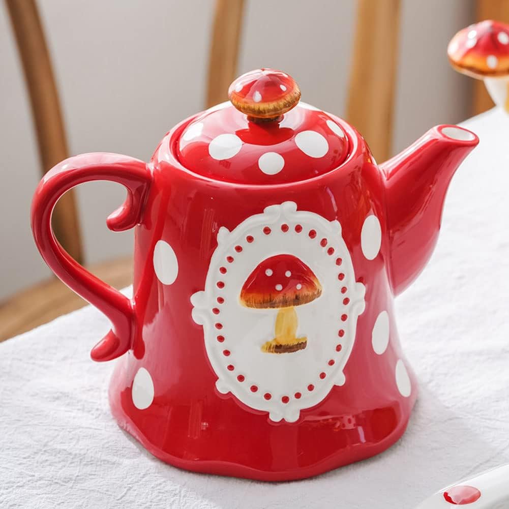 WAYUTO Ceramic Teapot Mushroom Pattern Water Kettle Decorative Porcelain Tea Kettle Rustic Water Kettle Milk Container with Handle for Home Kitchen Mushroom Kettle