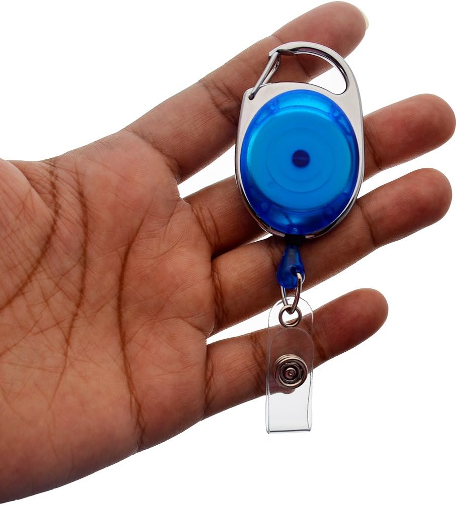 Bulk 100 Pack - Premium Carabiner Clip Badge Reels - Retractable I.D. Card Holders with Carabiner Belt Loop Clip and ID Strap - Cute Heavy Duty Oval Shaped Badge Holders with Smooth Cord Pull (Blue)