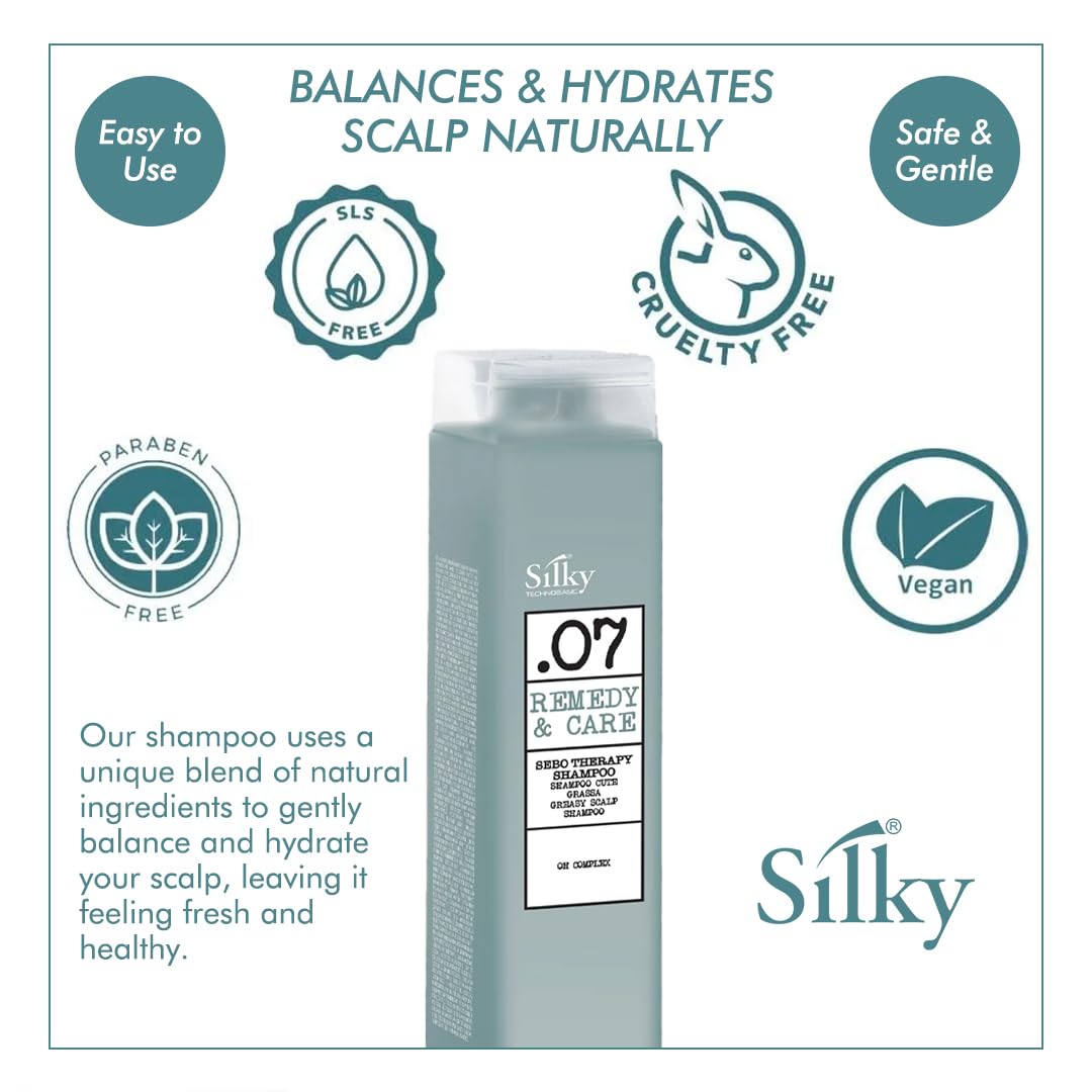 Silky.07 Technobasic Sebotherapy Shampoo for Oily Hair - For Scalp, Deep Cleansing & Oil Control - Lavender Scented Creamy Shampoo Suitable for All Hair Types & Colors - 250ml