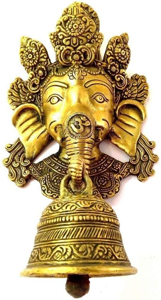 Giant Roots Brass Murti Lord Ganesh Ganesha Wall Hanging with Bell On Trunk Height 10 Inch for Marriage Gift Vastu Dosh Feng Shui Antique for Home Décor