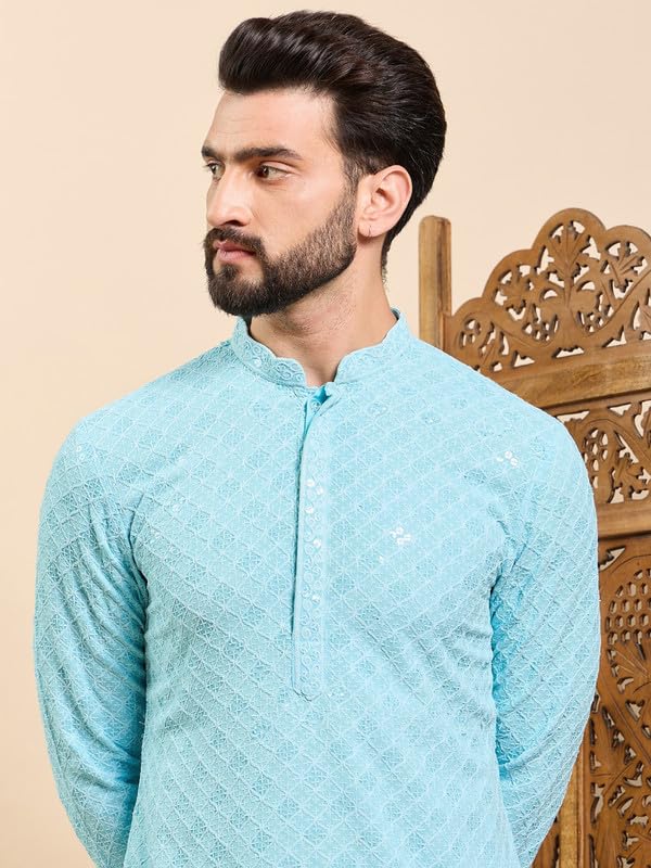 Image of Men's Viscose Rayon Solid Embroidered Long Straight Kurta | Men's Kurta | Embroidered Chikankari Kurta for Men | Straight Fit Kurta for Men