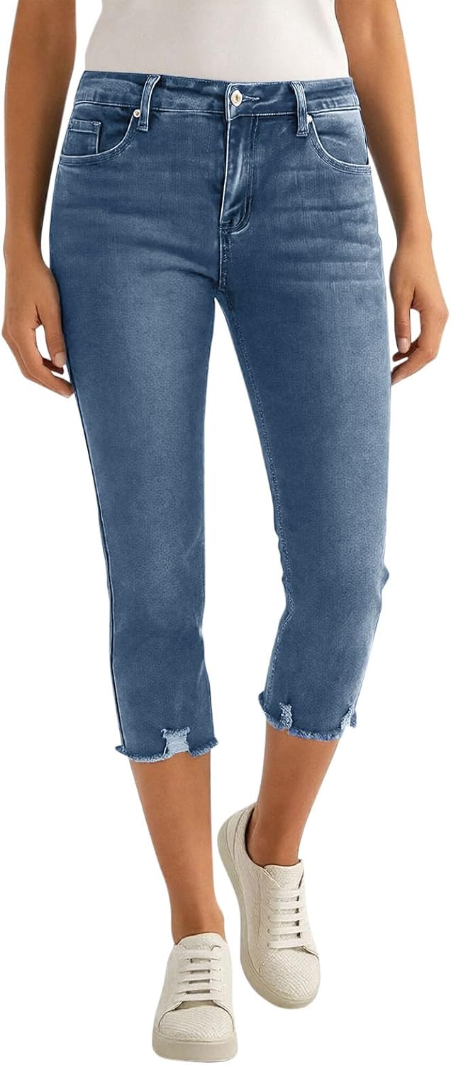 Jean Capri Pants for Women High Waisted Ripped Skinny Jeans Stretchy Denim Capris Cropped Jeggings with Pocket