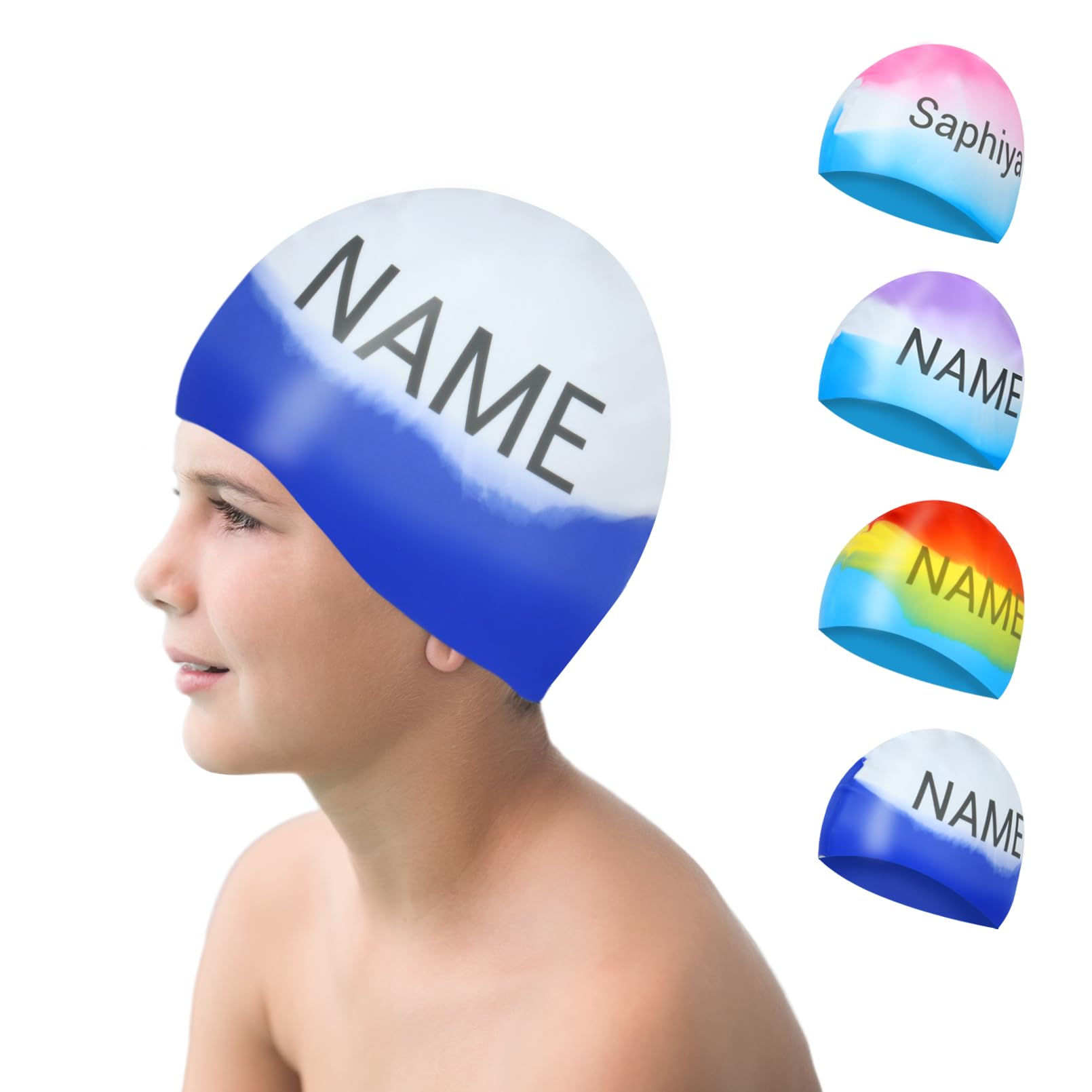 Swimming Cap Kids, Personalized Silicone Swimming Hat Kids with Name Waterproof Colorful Comfortable Anti Slip Boys Girls (White-Blue, M)