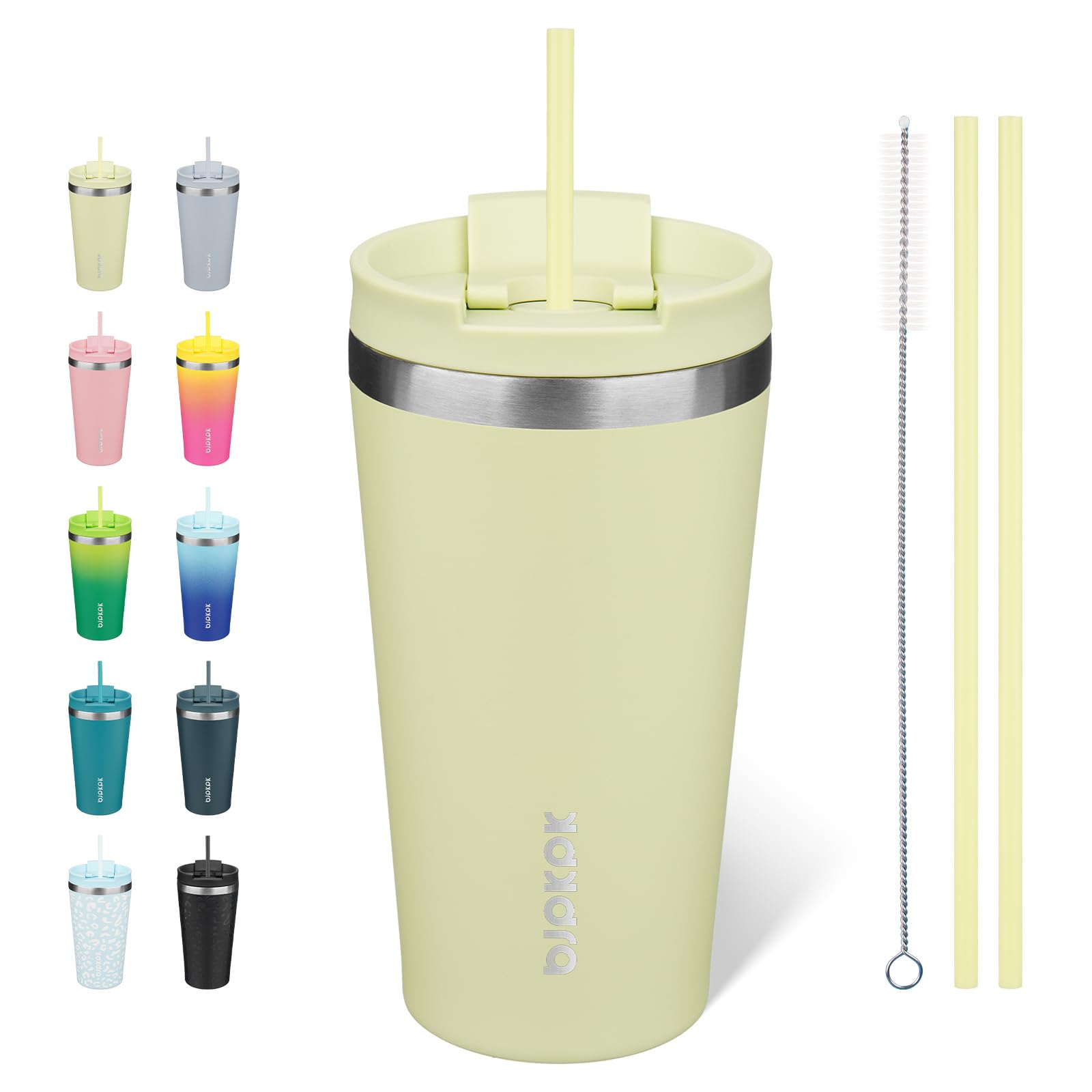 BJPKPK 530 ml Isolierter Edelstahl-Becher mit Deckel und Strohhalm – Wiederverwendbarer Thermobecher für Reise, Kaffee und Tee, Macaron Grün