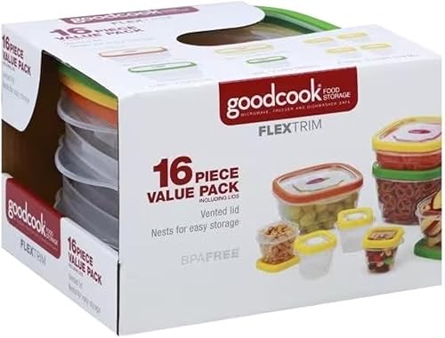 Hansi Naturals Goodcook - Contenedores transparentes de almacenamiento de alimentos con tapas de colores ventiladas paquete económico de 16 piezas