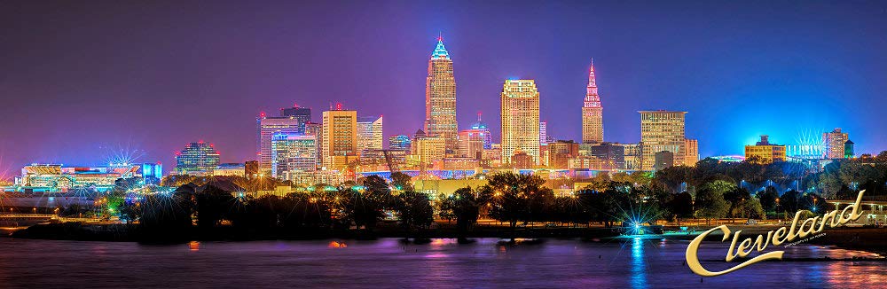 PHOTOSBYJON Cleveland Skyline 2018 Photo Print UNFRAMED Night Color City Downtown 11.75 inches x 36 inches Ohio Photographic Panorama Poster Picture Standard Size