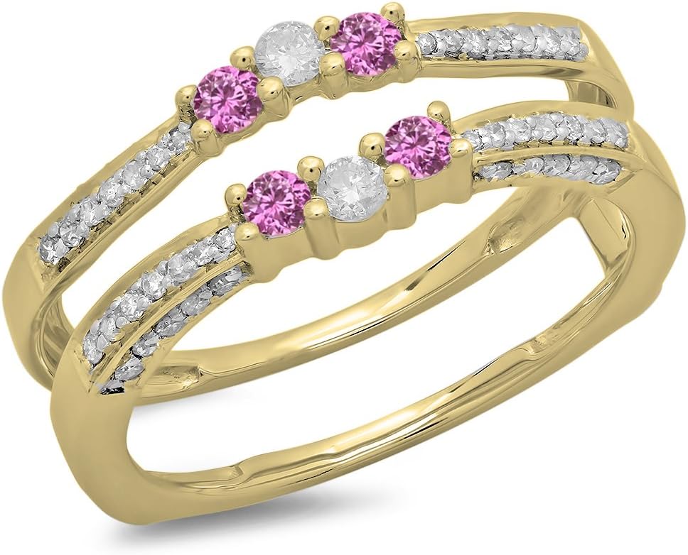 Gold & Diamonds Jewellery 0.50 Carat (Ctw) 14K Yellow Gold Over .925 Sterling Silver Round Shaped Pink Sapphire & White Diamond Ladies Anniversary Wedding Band Enhancer Guard Double Ring 1/2 CT