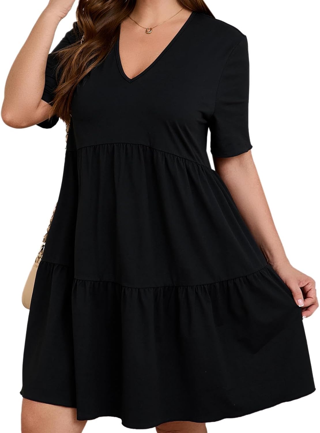 SOLY HUX Women's Plus Size V Neck Short Sleeve A Line Ruffle Hem Babydoll Flowy Dress
