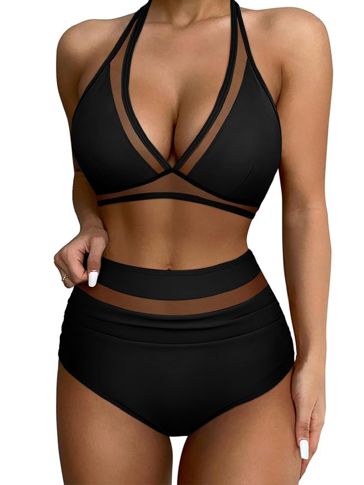 Yutdeng Bikinis Mujer Halter Cuello V Malla Bikini Push Up con Relleno Triangulo Bikini Braga Alta Reductores Barriga Biquini Trajes de Baño Bañador Mujer Dos Piezas Bikini Deportivo