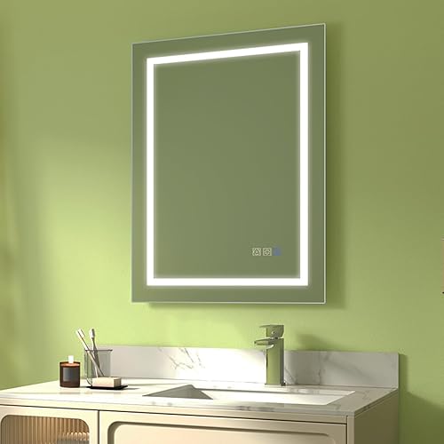 ESDIY - Espejo de tocador de baño LED de 24 x 32 pulgadas, espejo de pared de baño iluminado, antiniebla, regulable, luz nocturna, 3000 K, 5000 K y
