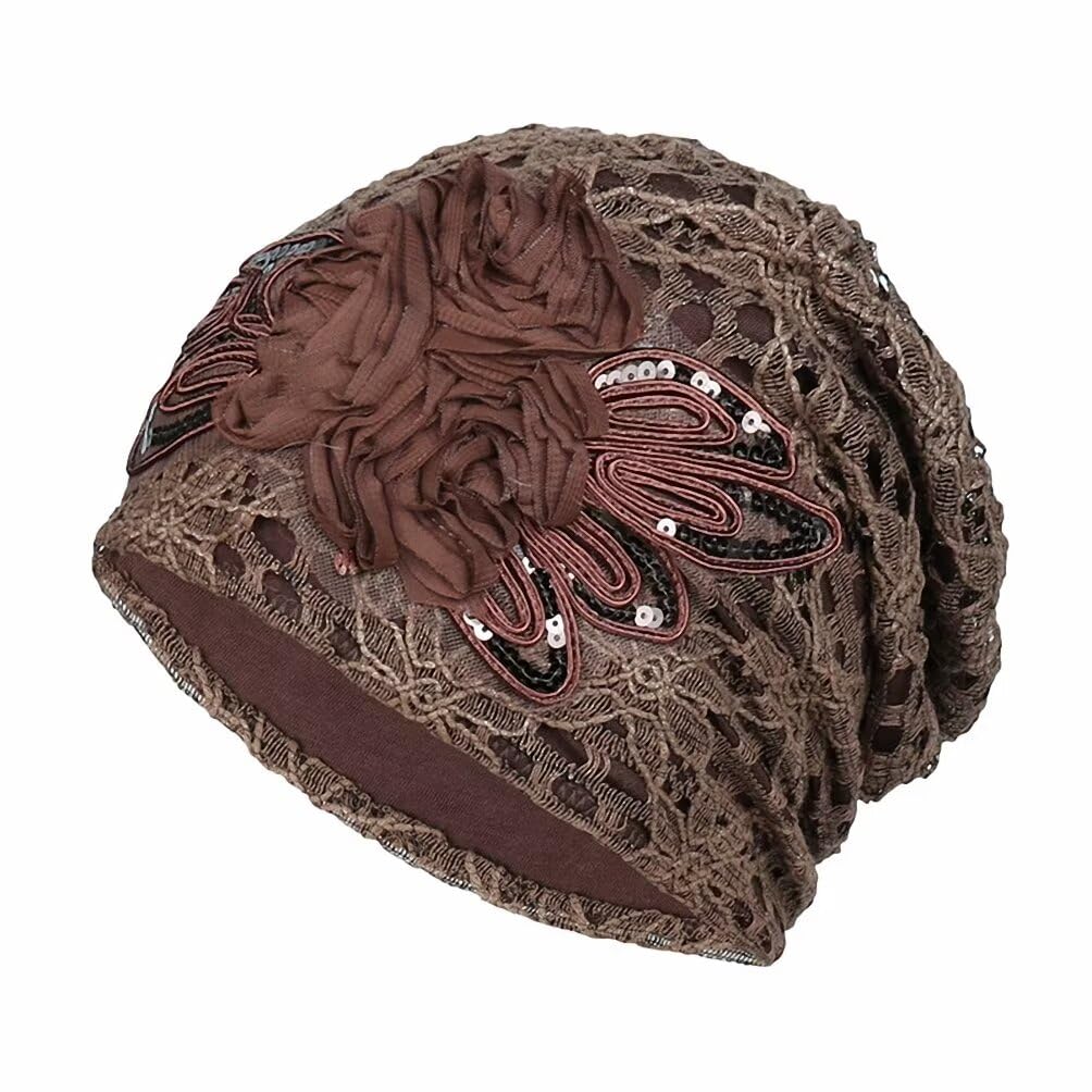 Plancholo Women's Brown Chemo Turban Flower Beanie Cap Lace Pleated Hair Loss Hat Cancer Headwear For