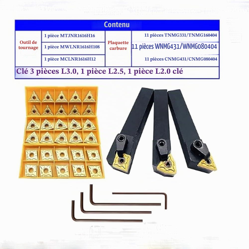 5/8" 36PCS Porte-outil de tournage externe pour tour CNC indexable, ensemble MTJNR1616H16 + MWLNR1616H08 + MCLNR1616H12 avec WNMG 431 + CNMG431 + TNMG331 Plaquettes de tournage en carbure