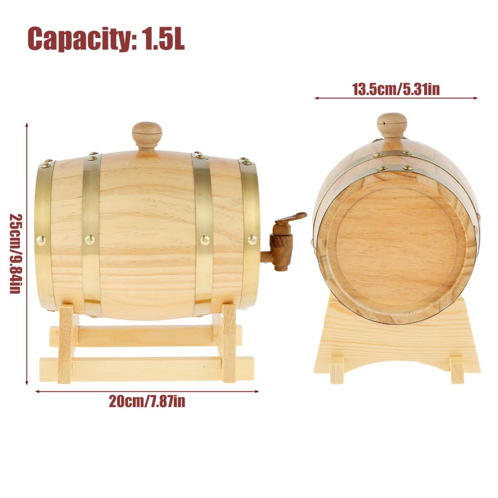 Barile di vino in legno di pino da 1,5 l, dispenser per birra a prova di perdite, con rubinetto e supporto, perfetto per conservare il vino e decorare la casa e il bar