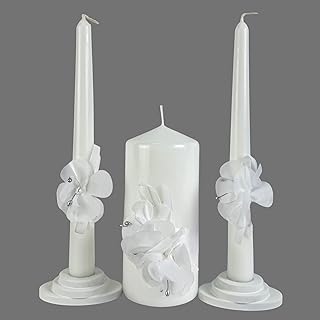 Unity Candle Set - for Wedding Ceremony & Reception – 6” Pillar & Two 10” Taper Candles – Long Burning Unity Candles for Marriage Ritual – Handmade in USA – White|Florals