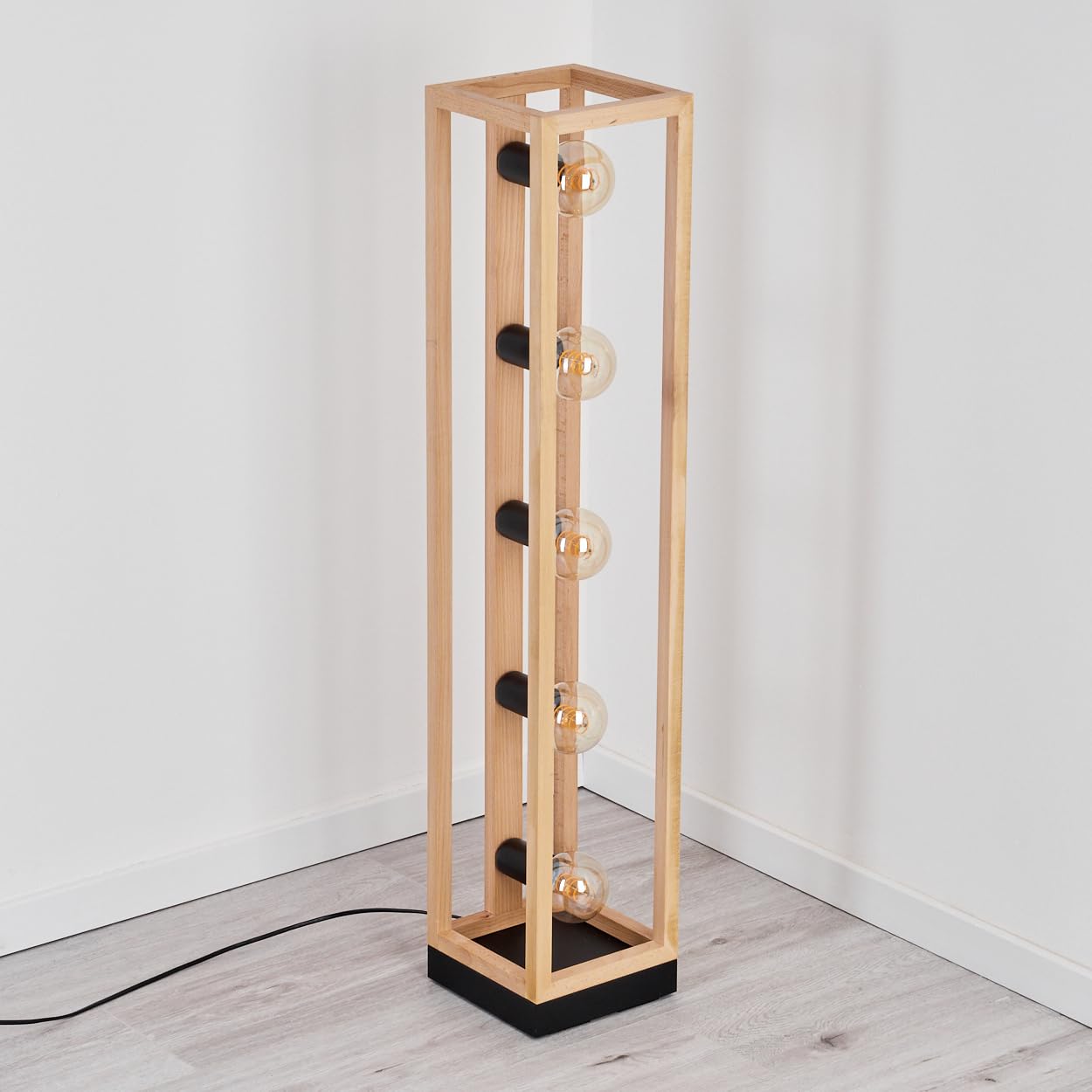 Stehleuchte Ottersta, Stehlampe aus Holz/Metall in Naturfarben/Schwarz, Leuchte im modernen skandinavischen Design, Höhe 102,5 cm, mit Fußschalter, 5-flammig, 5 x E27, ohne Leuchtmittel
