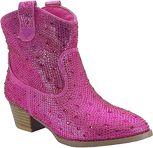 Forever Girls Rhinestone Cowboy Boots Kids Low Heel Dress Booties River-01K Fuchsia 14