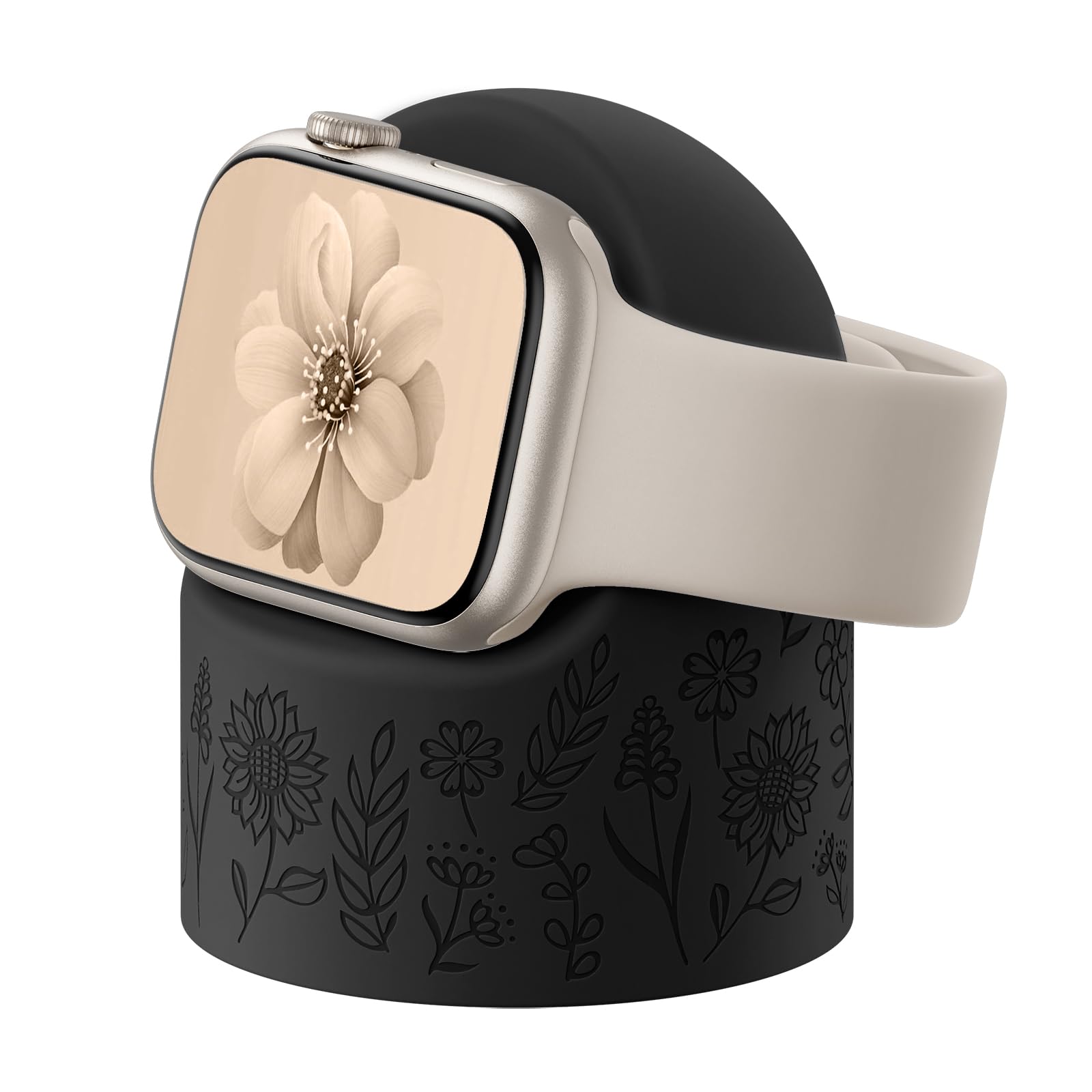 Floral Charger Stand Compatible with Apple Watch Series 9/8/SE2/SE/Ultra2/Ultra/7/6/5/4/3/2/1 (49mm 45mm 44mm 42mm 41mm 40mm 38mm), Silicone Charger Stand, Supports Nightstand Mode, Black