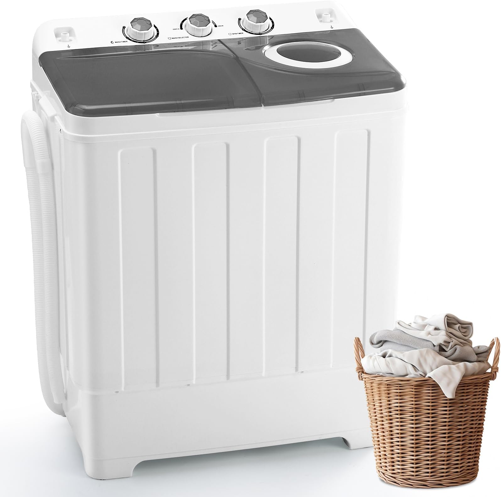 Portable Washing Machine Twin Tub - 28lbs Compact Washer (18lbs) and Spinner Dryer (10lbs) Combo with Drain Pump - Semi Automatic Washing Machine for Apartments, Dorms, RVs, Camping - Grey