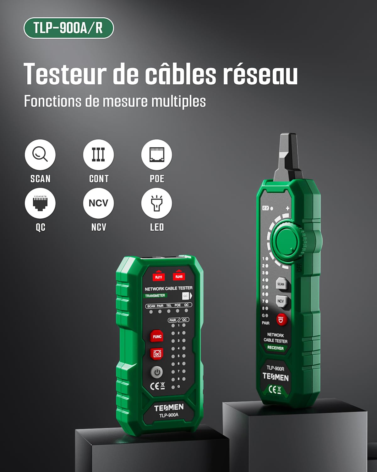 TESMEN TLP-900AR Testeur de câbles réseau, RJ11 RJ45, pour CAT5/6/POE/STP, Continuité, QC&NCV, Adapté à Ethernet, Téléphone, Maintenance et tri des câbles - Vert