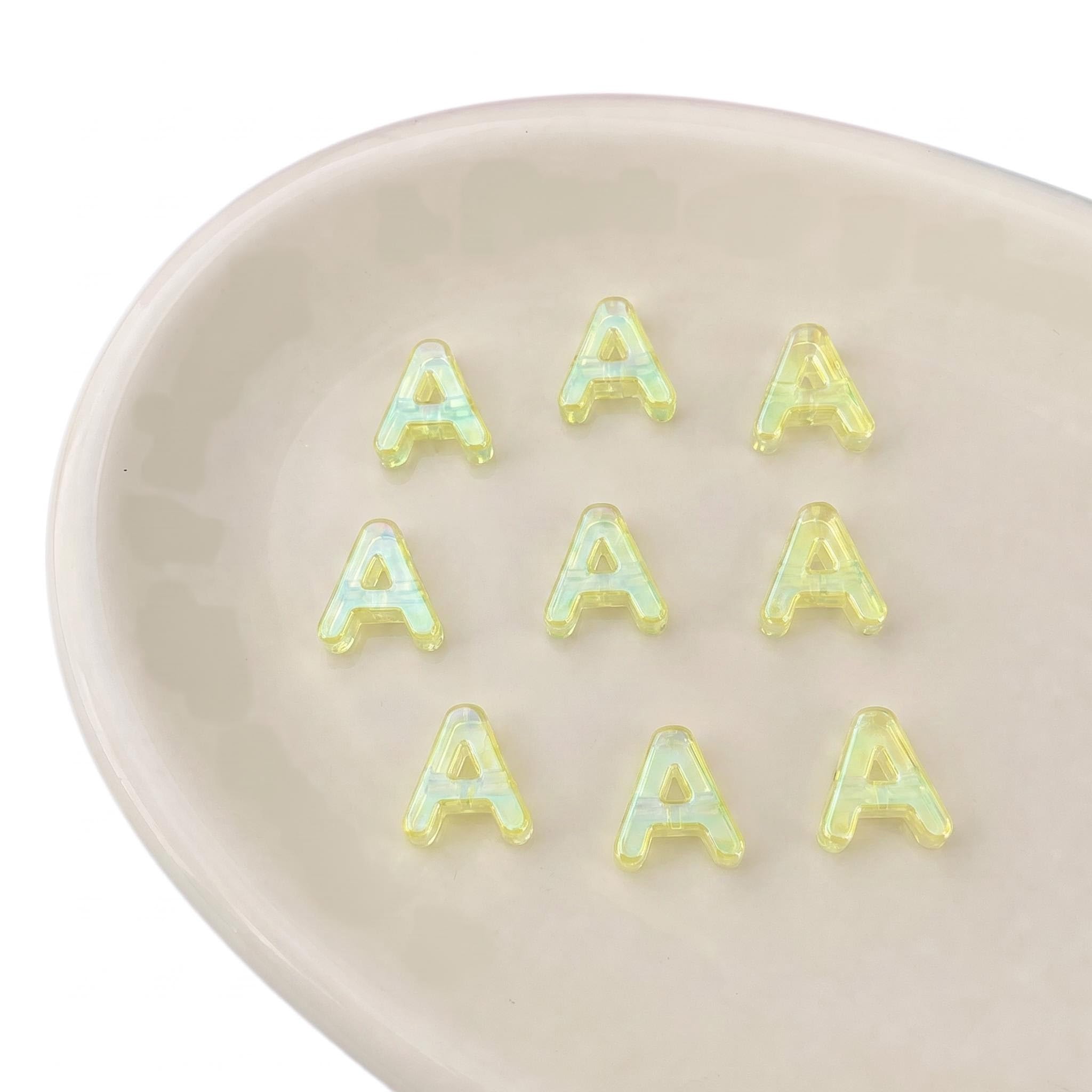 Letter Beads 10pcs, Large Acrylic Alphabet Beads with 6mm Hole, Iridescent Holographic UV Plated for Bracelet Making, Jewellery, Keyrings & Craft (Iridescent Yellow, Letter A)