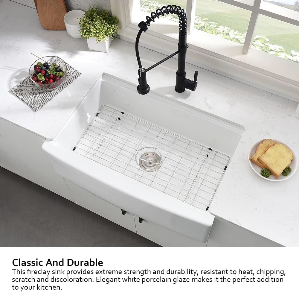 33 Inch White Farmhouse Sink Workstation-Hovheir 33x21 Apron Front Farm Sink White Fireclay Porcelain Ceramic Farmhouse Kitchen Sinks Workstation Deep Single Bowl Farmer Sinks with Cutting Board