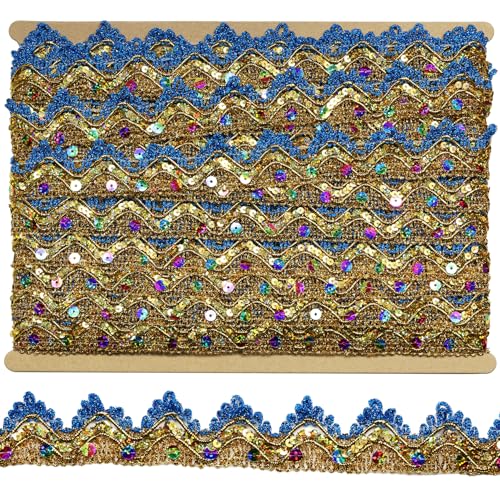 Tibaoffy Long 14 Yard Wide 35mm/1.37inch Peacock Blue and Gold with Gold and Colorful Sequins lace Trim Decorated Craft Ribbon for DIY Craft Sewing Fabric