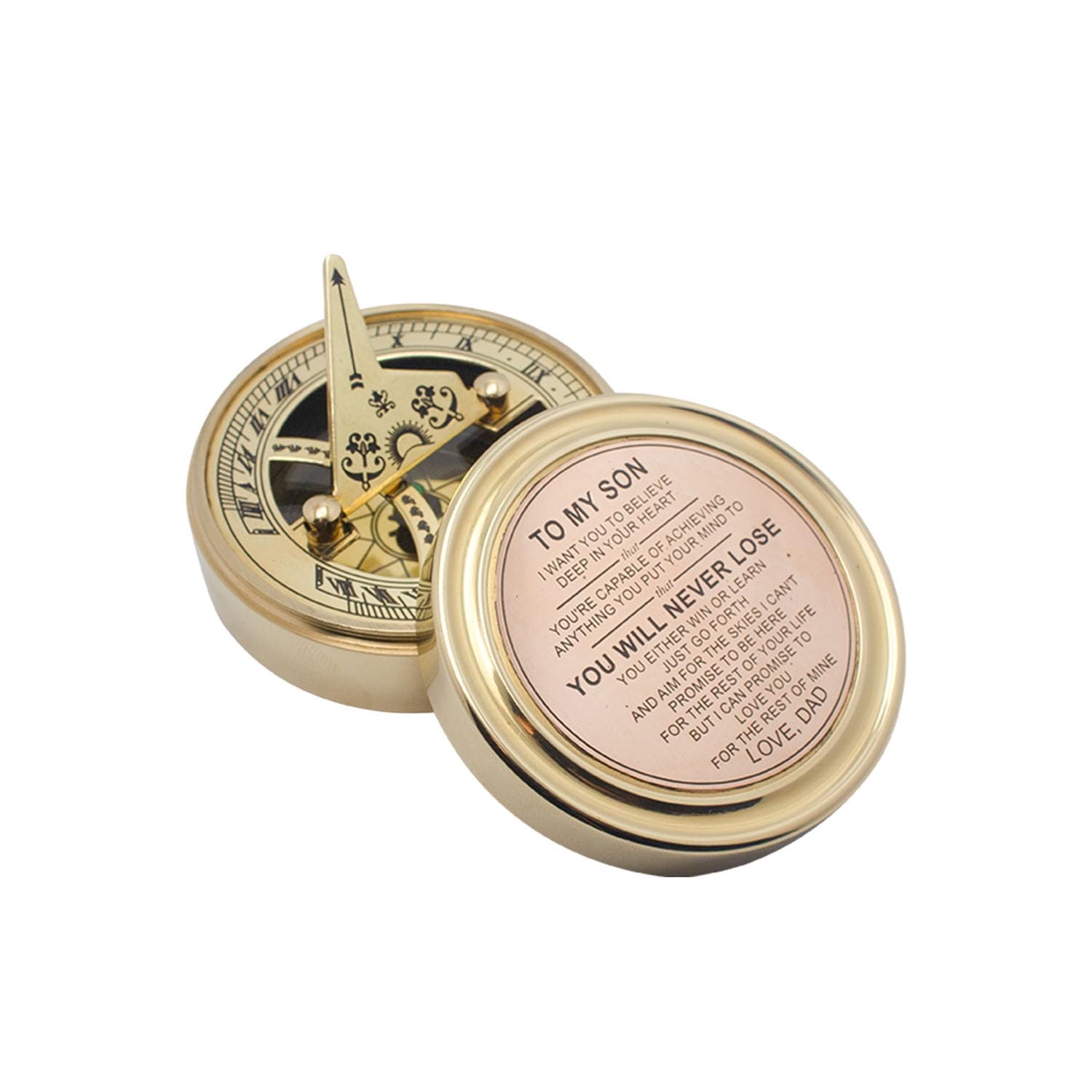 Brass Sundial Compass with Inspirational Message to Son, Gift Set with Wooden Box