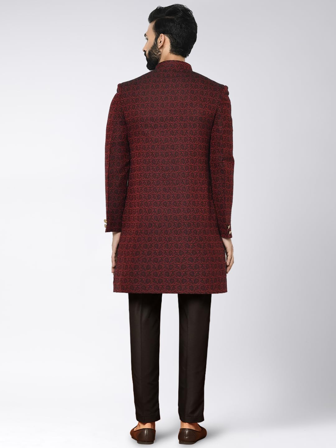 Kisah Men's Cotton Blend Full Sleeves Regular Fit Woven Design Maroon Indo Western Sherwani Trouser Set, 42