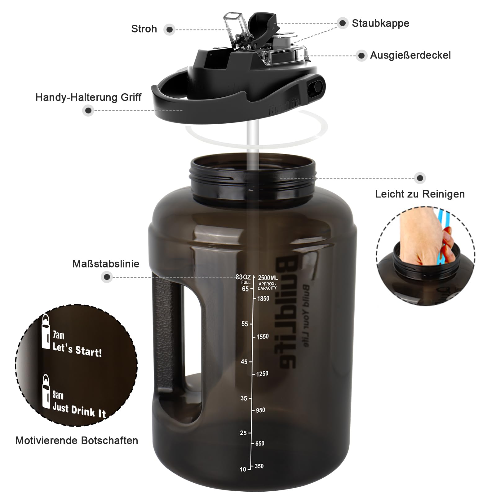 BuildLife 2,5-litrowa butelka sportowa z oznakami czasowymi i 2-w-1 pokrywką - nie zawiera BPA - butelka na wodę do siłowni (2500 ml, czarna)