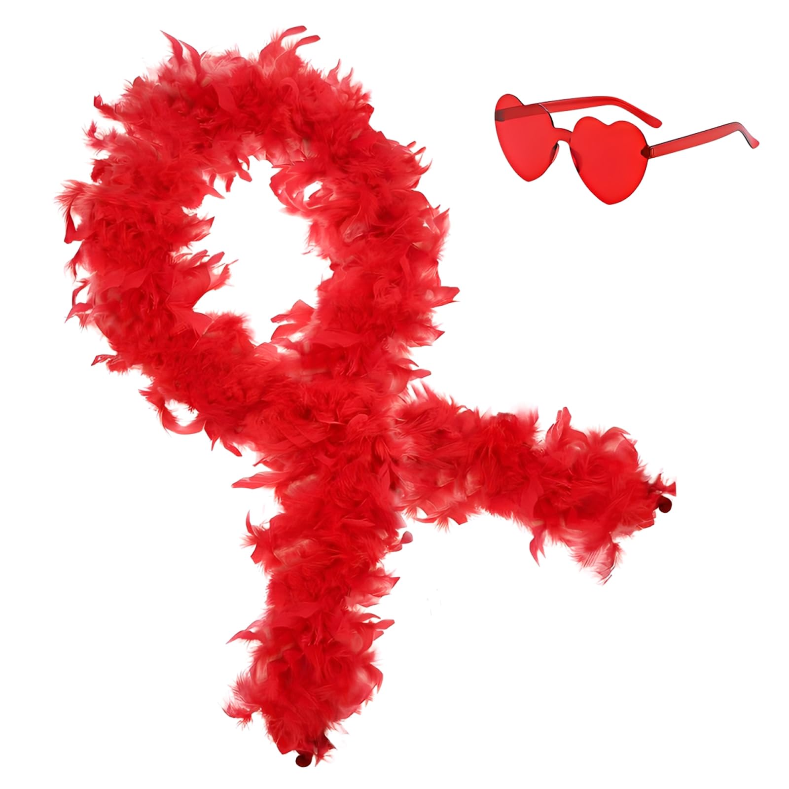 SHENYI 2Pcs Colorful Fancy Dress Feather Boa Set, 6.6ft Feather Boa with Heart Rimless Sunglasses for Women, Artificial Fluffy Boa Decorations wit for Dancing Wedding Party Cosplay Halloween (Red) — image 1