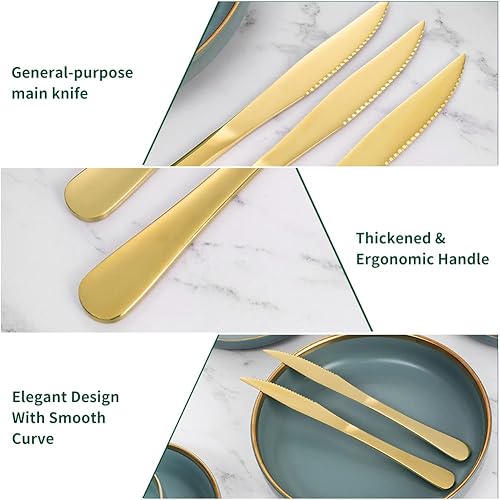 Miniatura 5 de Juego de 12 cuchillos de carne dorados, 12 cuchillos, cuchillos de carne de acero inoxidable, cuchillo de mantequilla dentada, juego de cuchillos