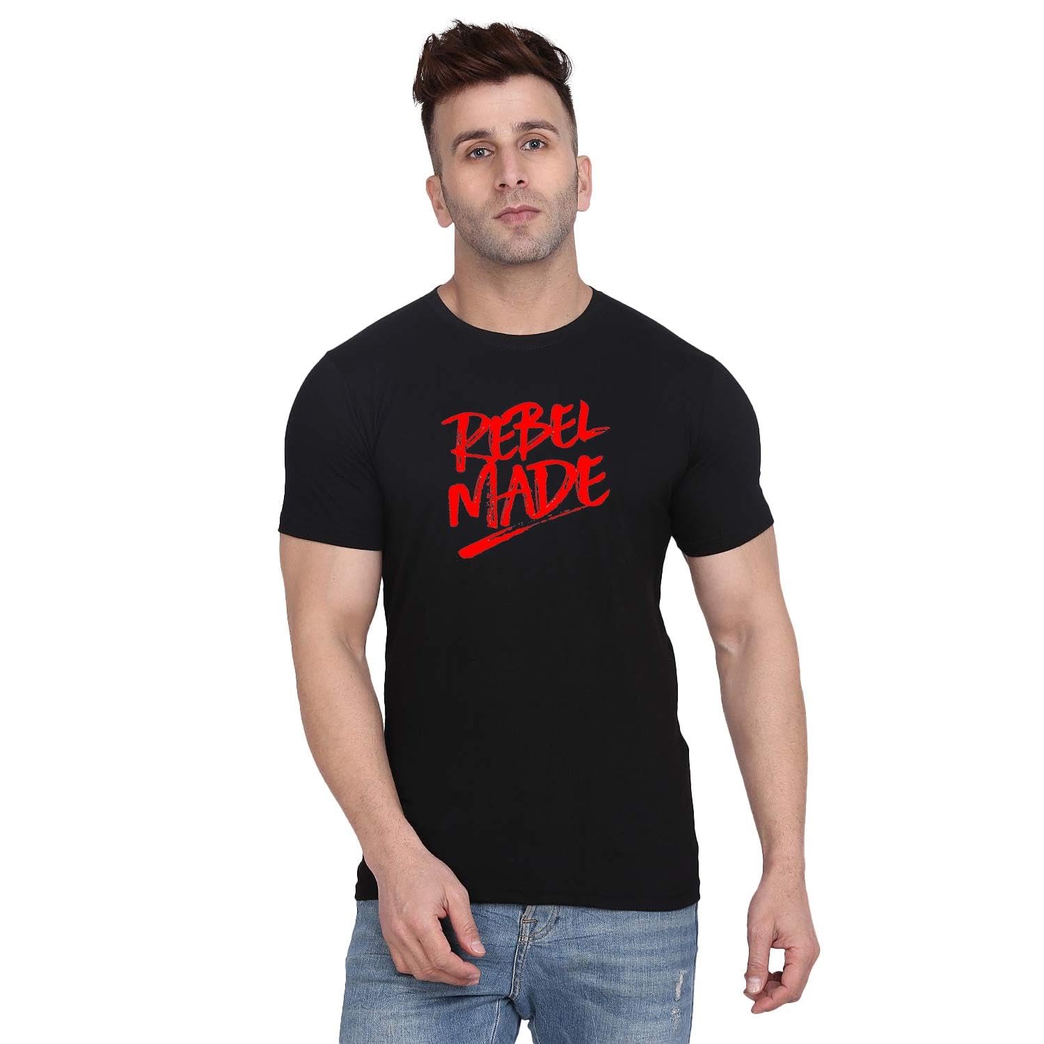 Original Way Men Cotton Half Sleeve Round Neck Rebel Made Printed T Shirt HSR-0637-image-4