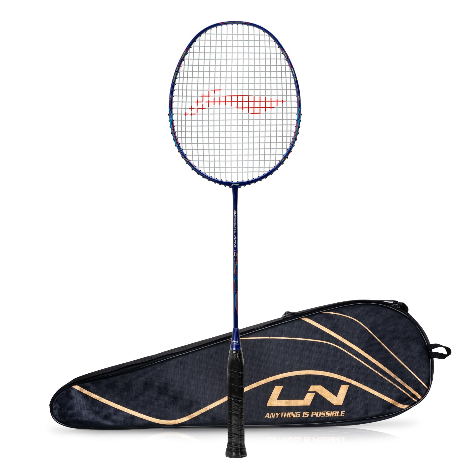 LI-NINGG-Force Superlite Max 10 Carbon Fibre Badminton Racket with Free Full Cover(80 Grams, 28 Lbs) (Navy/Silver/Red)