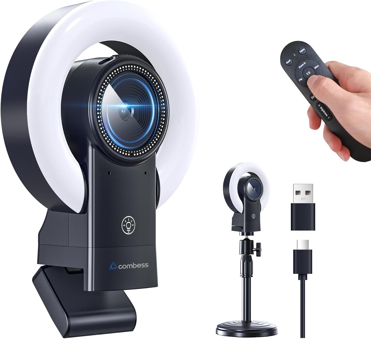 Combess 4K Webcam with Light, Web Cam with Speaker, Dual Noise Reduction Plug and Play, Web Camera for Desktop Computer, Auto-Focus, Privacy