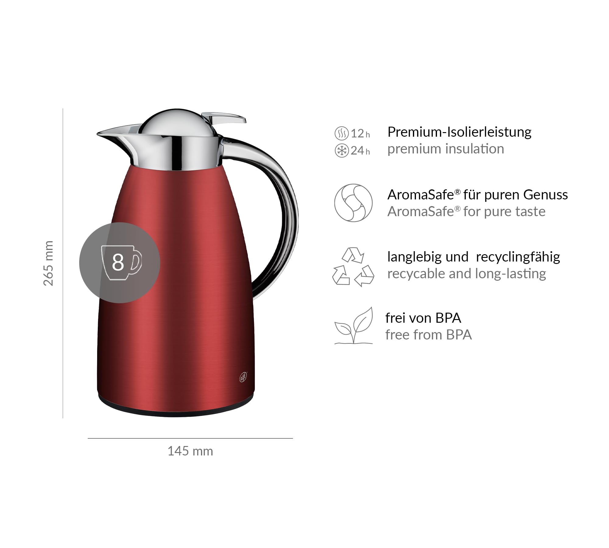 alfi SIGNO - Caraffa termica in acciaio INOX con inserto igienico in vetro temperato, chiusura a vite con comodo pulsante, impugnatura ergonomica, con una sola mano, ideale come caffettiera da caffè,