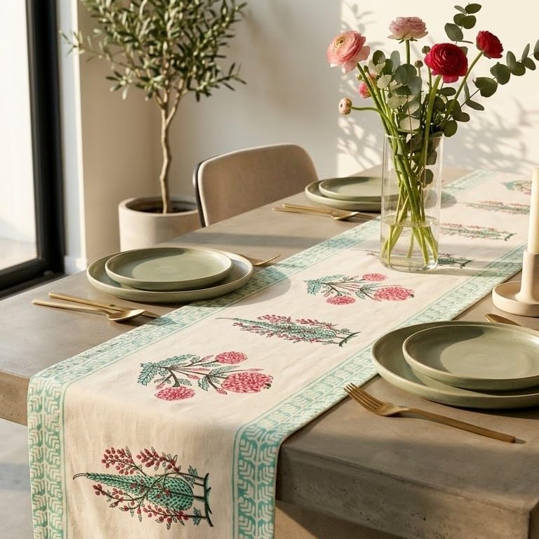 Image of BLOCKS OF INDIA Hand Block Printed Cotton Table Runner, Mat and Napkin Set for Center /Dining Table
