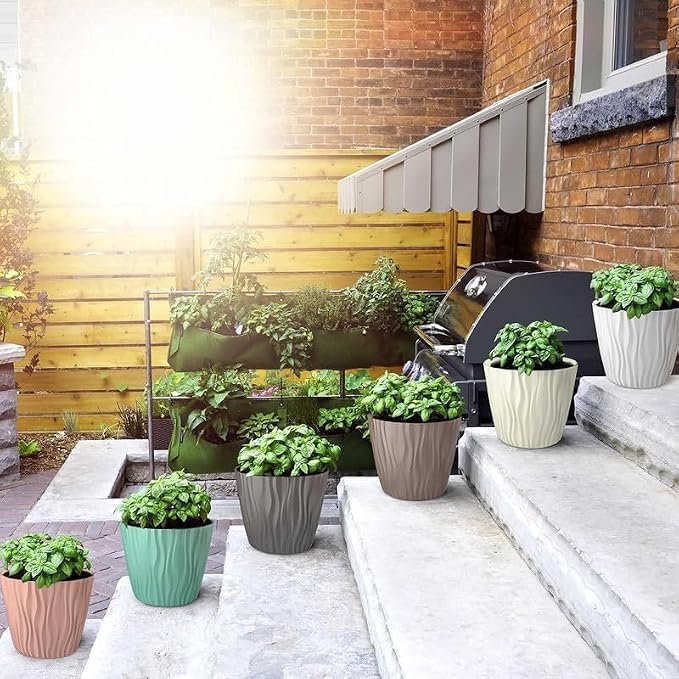 Leafly Plastic Round Flower Pots with Drainage Hole Saucers | Durable Outdoor Indoor Wave Pattern Planters with Tray | Plant Containers for Balcony, Garden, Office, and Home (Set of 5, Multi)